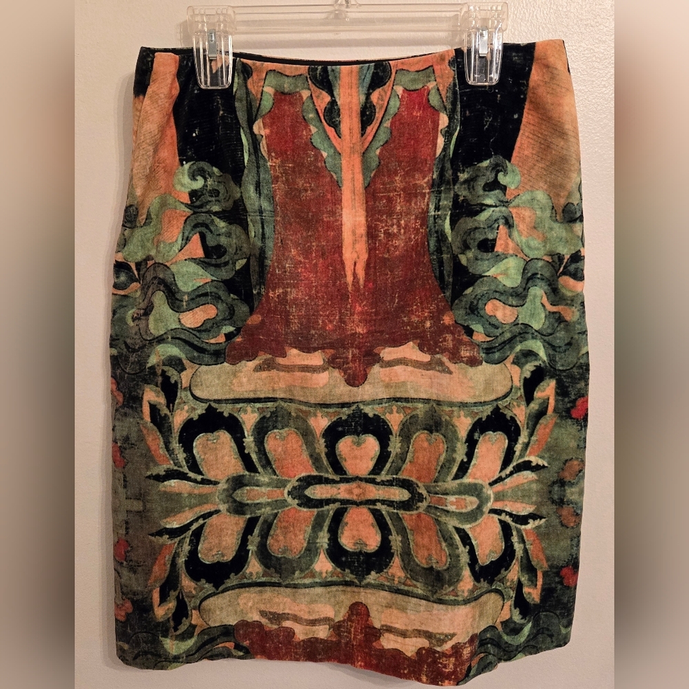 Vivienne Tam Vintage 90s Cotton Velvet Buddha Asian Midi Skirt - Picture 2 of 14
